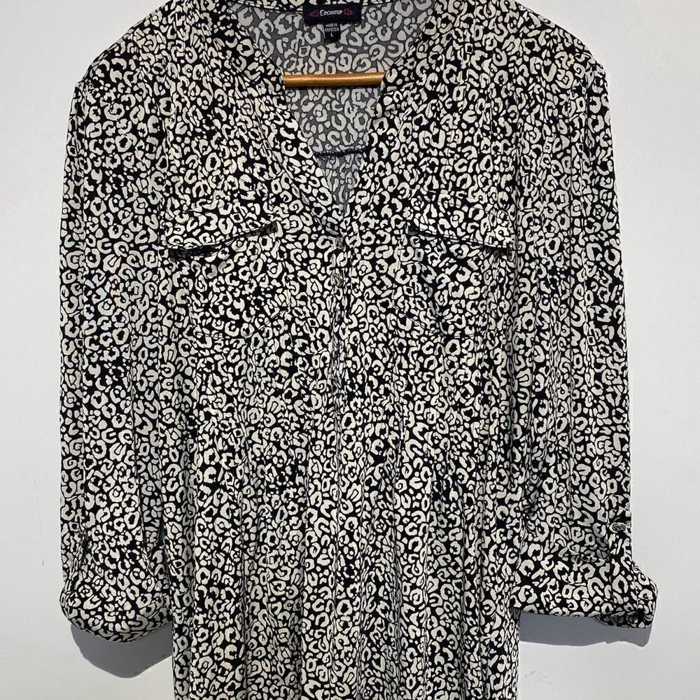 Cocomo Womens Leopard Print Button Up Tunic Blouse Black White Large
